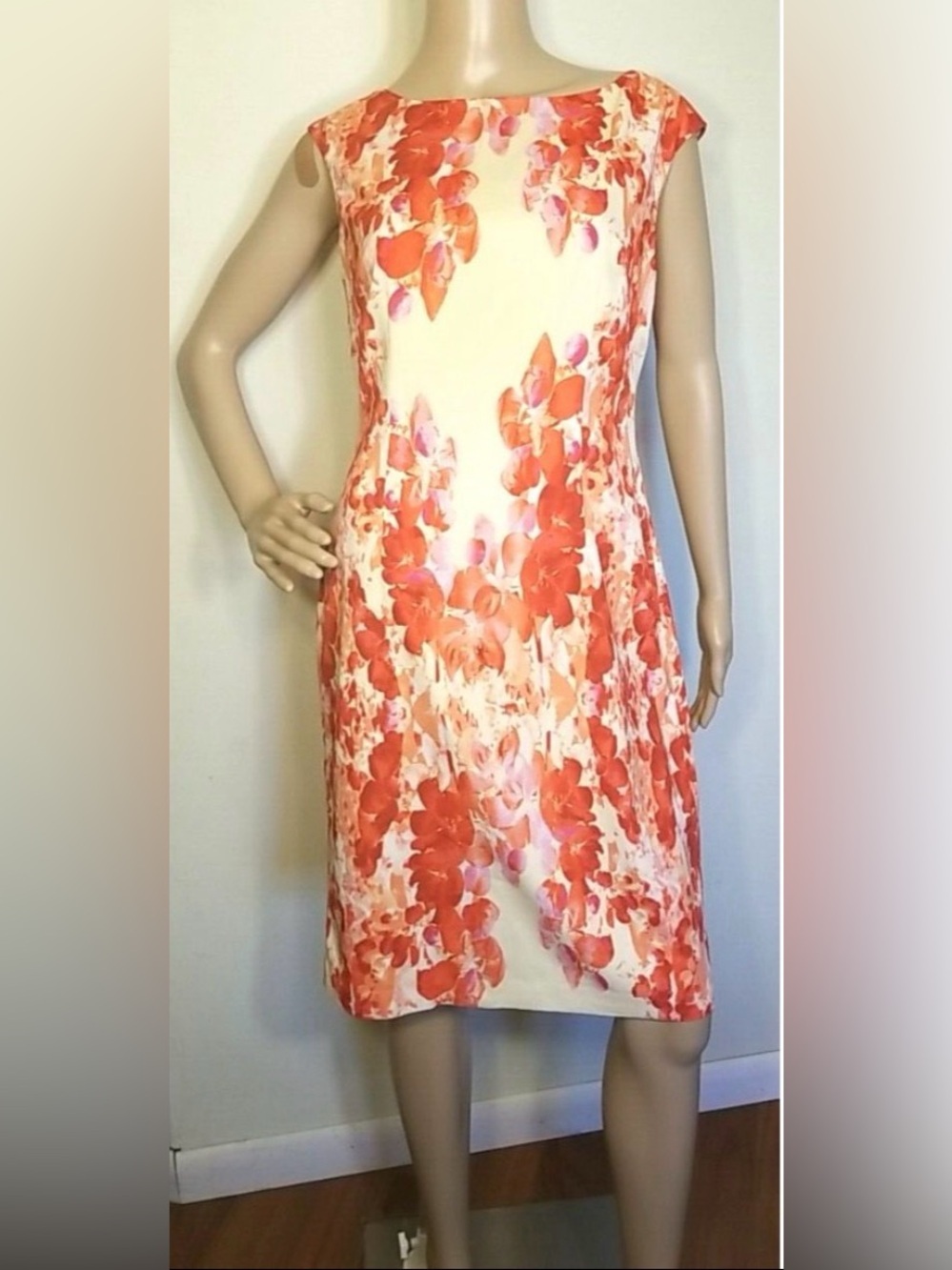 Adrianna Papell Floral Red Orange Cream Sleeveless Shift Dress Sz 12 EUC - Picture 3 of 8